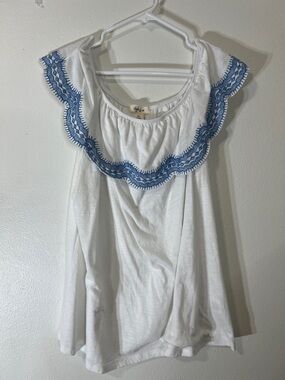 Style & Co. White Top with Blue Embroidered Border